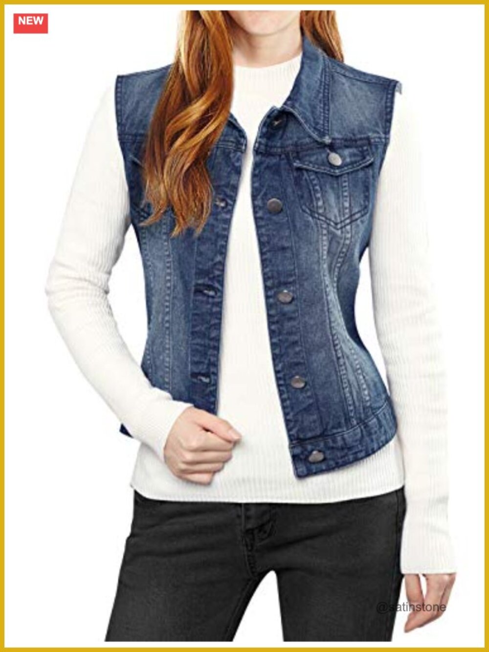 Washed Denim Vest Jacket Button Down with Flap Pockets
